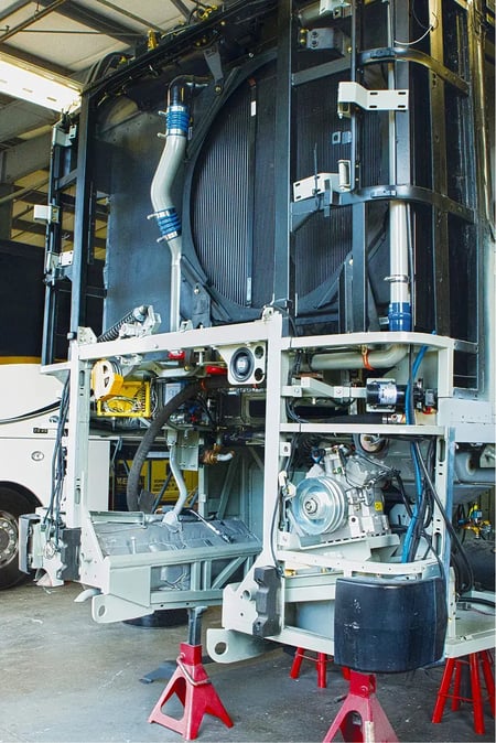 Collision repair being performed on a bus frame at ABC Companies