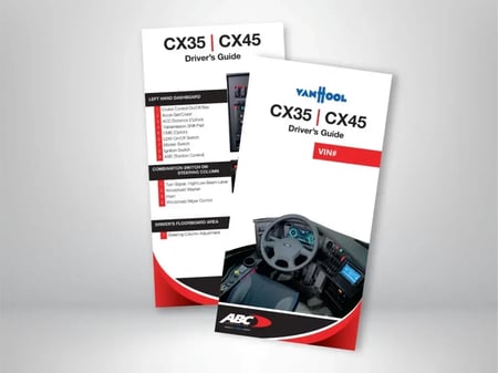 ABC Companies’ Van Hool CX35 and CX45 motorcoach driver’s guide for 2013 and newer models, covering CX45 VIN 48469 and later and CX35 VIN 48775 and later